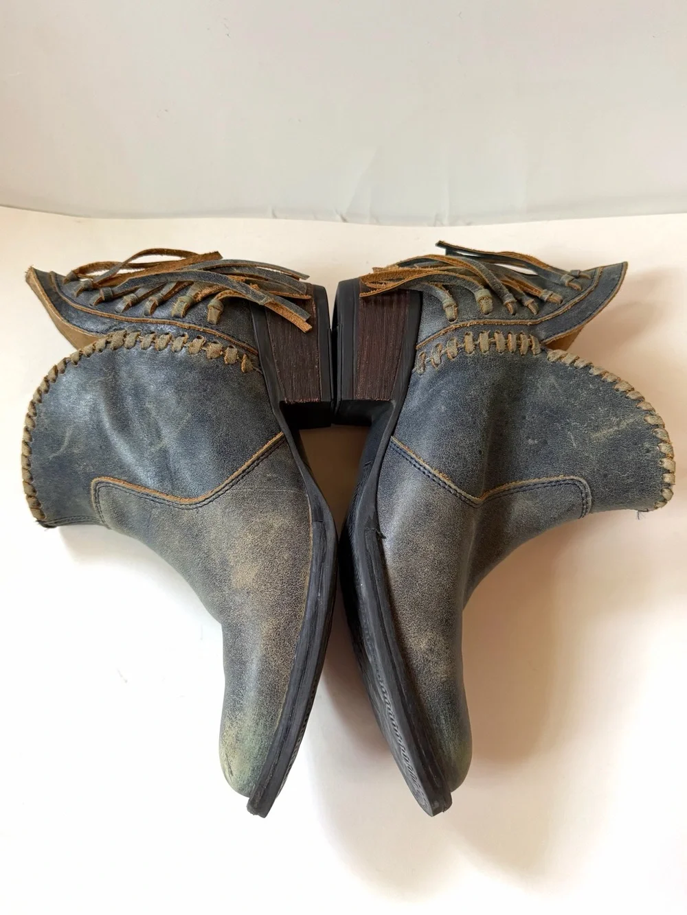 Corral Circle G Leather Distressed Blue Side Fringe Heeled Ankle Bootie Sz 8.5 M